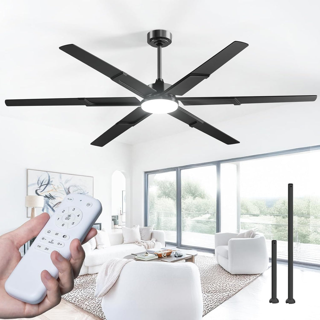 Ceiling Fans with Lights and Remote, 72 Inch Black Indoor/Outdoor Ceiling Fan with 6 Speed, Reversible DC Motor, 3CCT