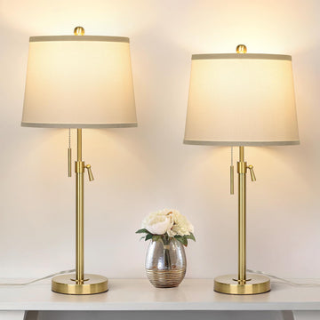 2 Pack 22"-30" Adjustable Height Table Lamps Set, Modern Gold Table Lamps with White Shade 3 Colour Temperature Pull