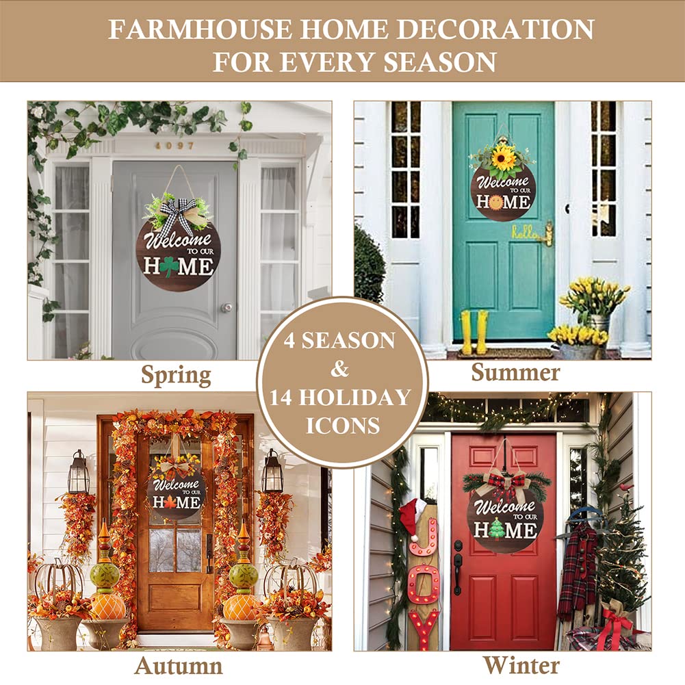 Interchangeable Welcome Sign for Front Door with 4 Seasonal Wreaths and 14 Changeable Icons, Farmhouse Front Door
