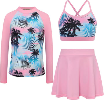 Girls Swimsuit Long Sleeve Swim Shirt 3 Piece Rash Guard for Girls Bathing Suit with Boyshorts