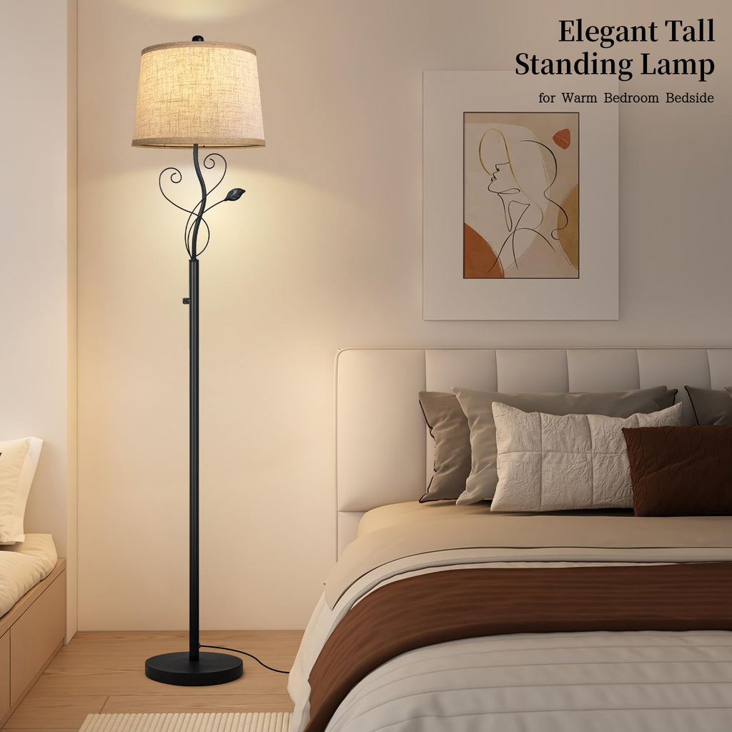 63'' Rustic Floor Lamps Decor with Rotary Dimmer, Black Leaf Tall Lamp with Linen Sade Dimmable Bulb Included