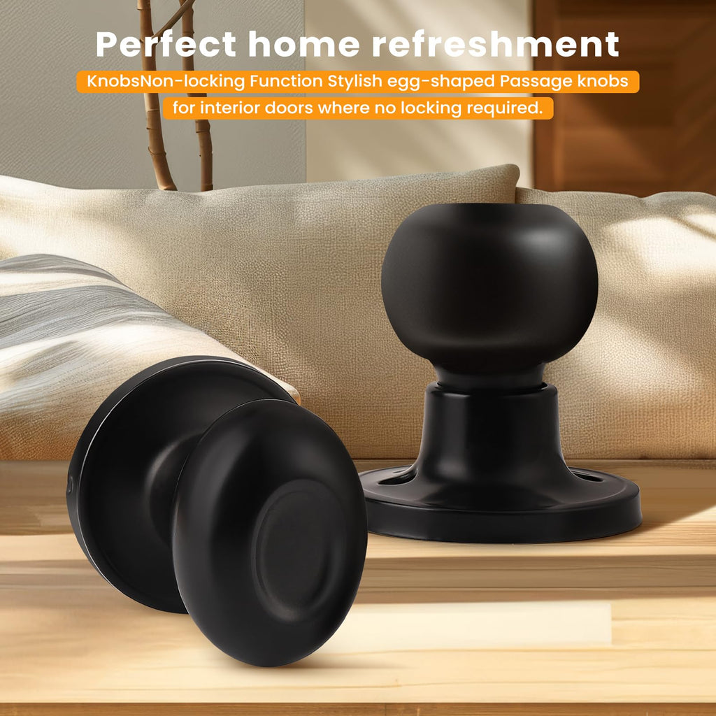 10 Pack Passage Door Knobs Matte Black Oval Door Knobs Interior Egg Shaped Door Knob and Handles for Closet Hallway