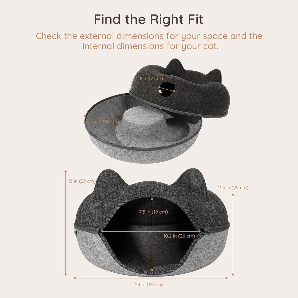 Large Felt Cat Cave, Cat Donut Tunnel Scratcher Bed (Grey)