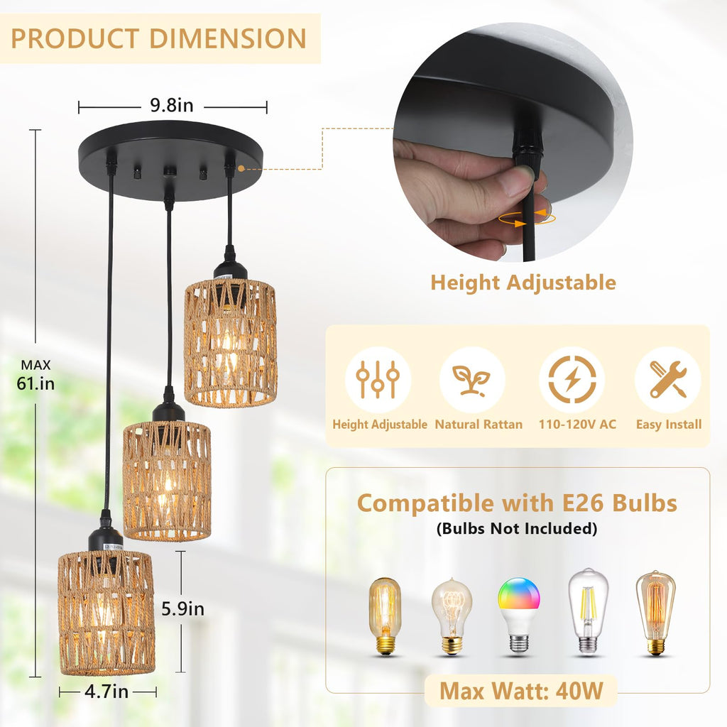 3 Lights Rattan Pendant Light, Farmhouse Dining Room Light Fixtures Ceiling Hanging, Boho Pendant Lighting with Hand