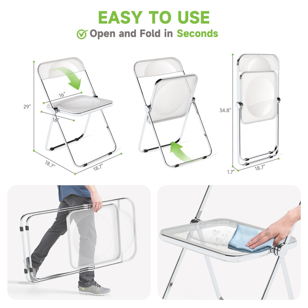 Acrylic Folding Chairs, Foldable & Stackable Clear Chairs with Metal Chrome Frame, Indoor and Outdoor, Party &
