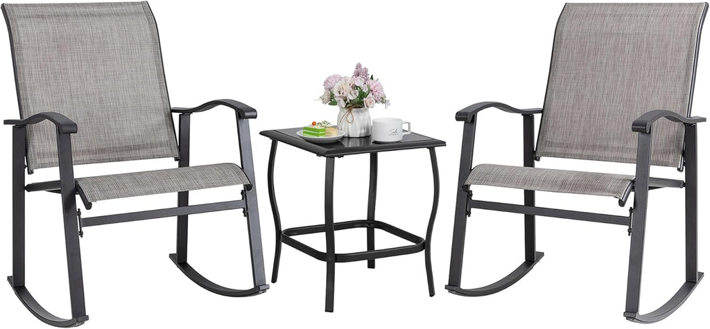 3 Piece Rocking Bistro Set, Outdoor Furniture with Rocker Chairs and Glass Coffee Table Balcony, Porch Furniture for