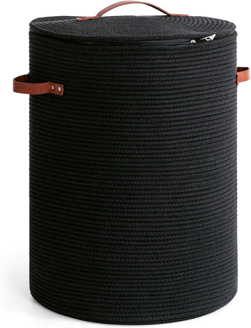 Large Woven Laundry Basket with Lid & Leather Handles, 60L, Black | 15" x 20" Tall Laundry Hamper, Storage Basket for