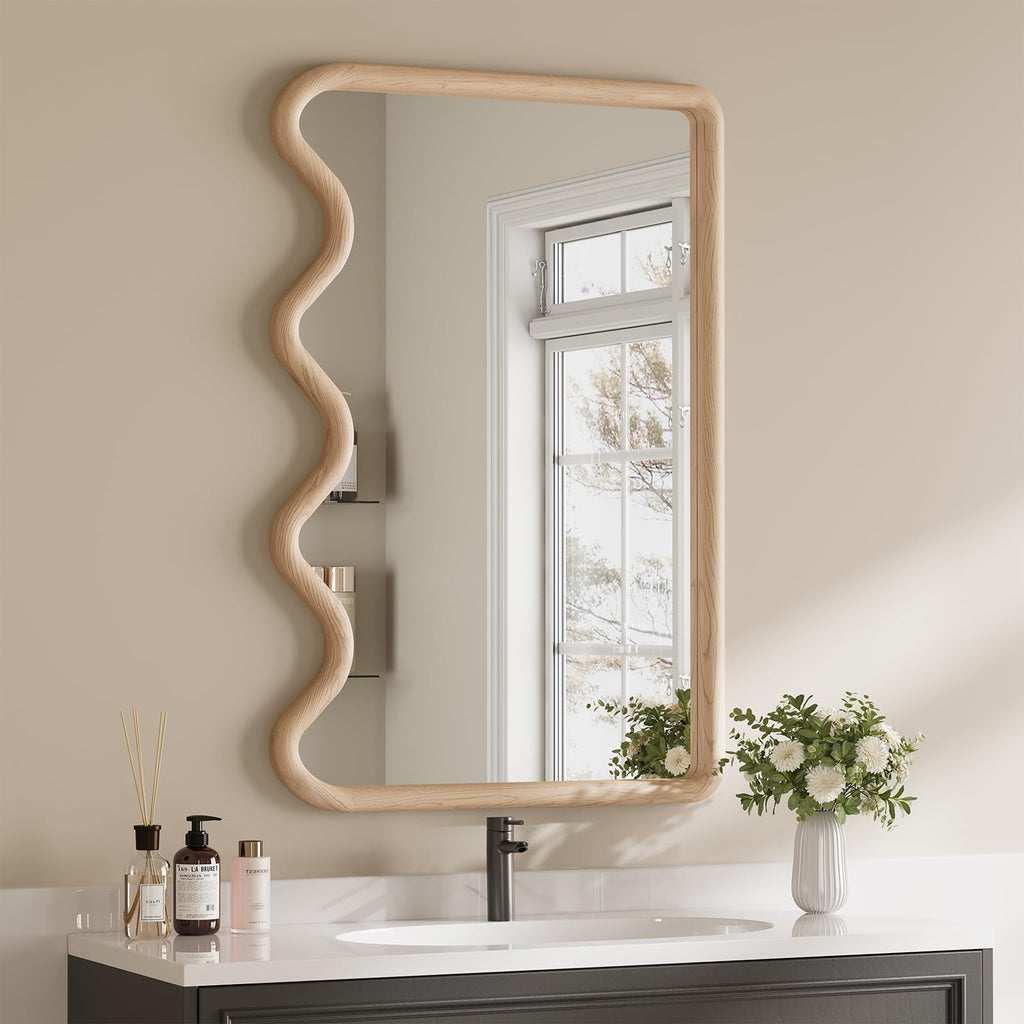 Wavy Mirror for Wall, 24x36 Inch Wood Frame, Natural