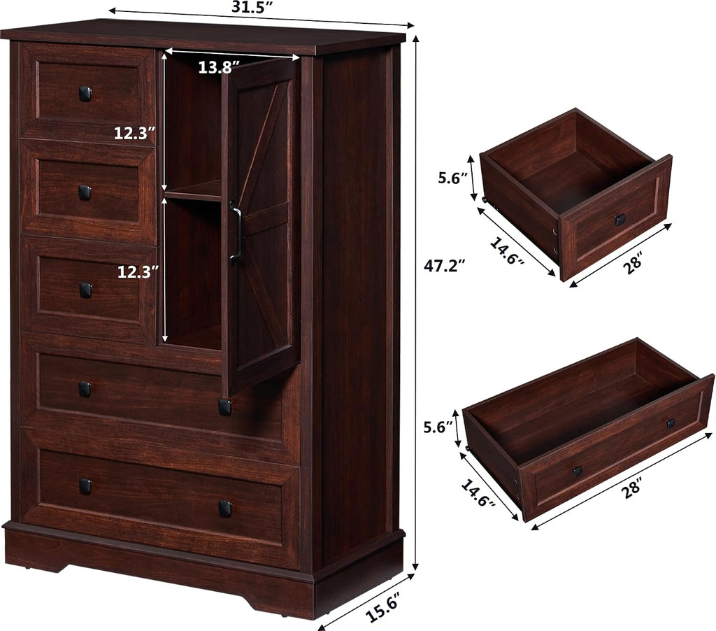 Dresser , Farmhouse Dresser with 5 Wooden Drawers and Storage Cabinet, 48 Inches Tall Chest of Drawers , Dark Cherry