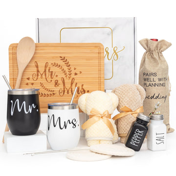 Wedding Gifts for Couple (11 Piece Set), Cool Engagement Baskets for Newlywed, Unique Mr and Mrs Box for Bride and