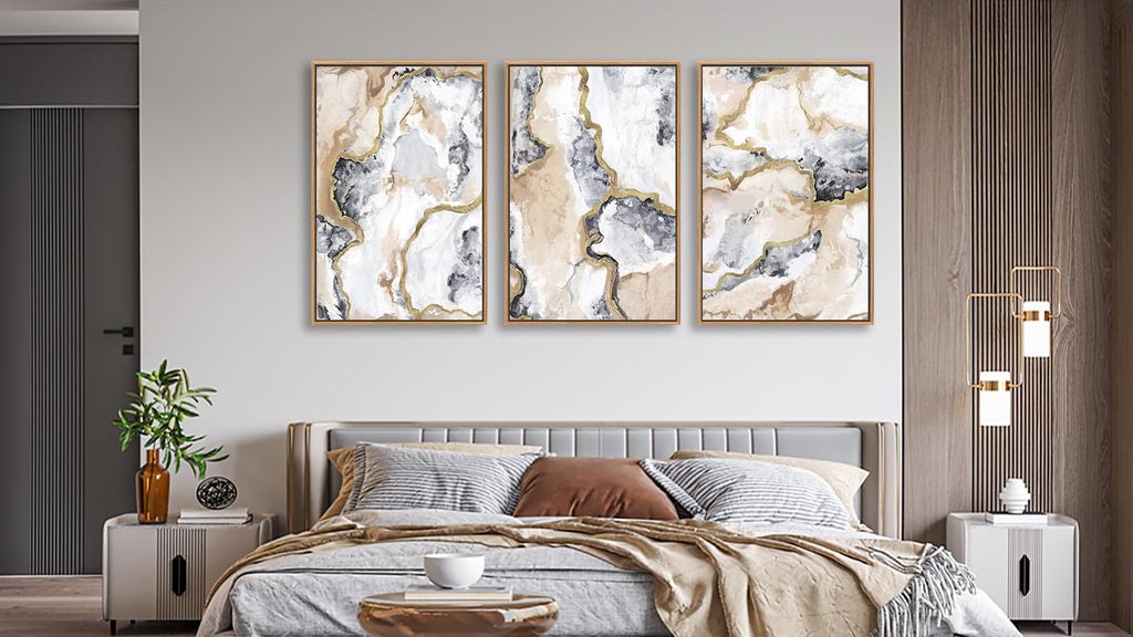 Gray White Gold Framed Wall Art Abstract Marble Canvas Pictures, 48x32in x3