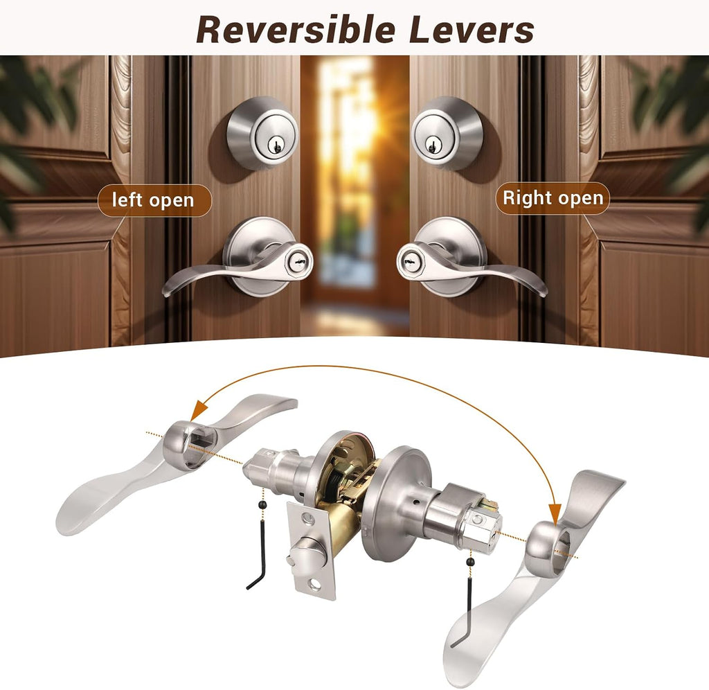 2 Sets of Front Exterior Door Knob Set with Single Cylinder Deadbolts in Satin Nickel Finish, All Keyed Same Combo