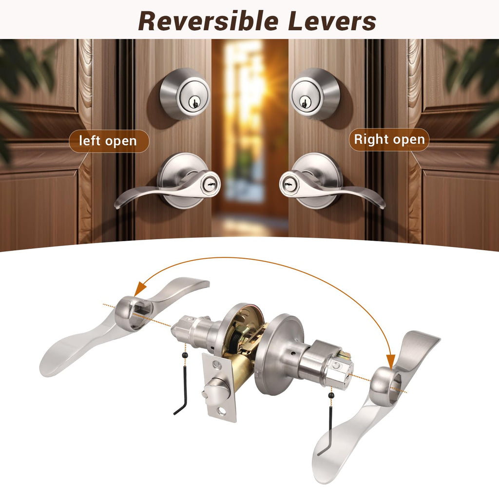 3 Sets of Front Exterior Door Knob Set with Single Cylinder Deadbolts in Satin Nickel Finish, All Keyed Same Combo