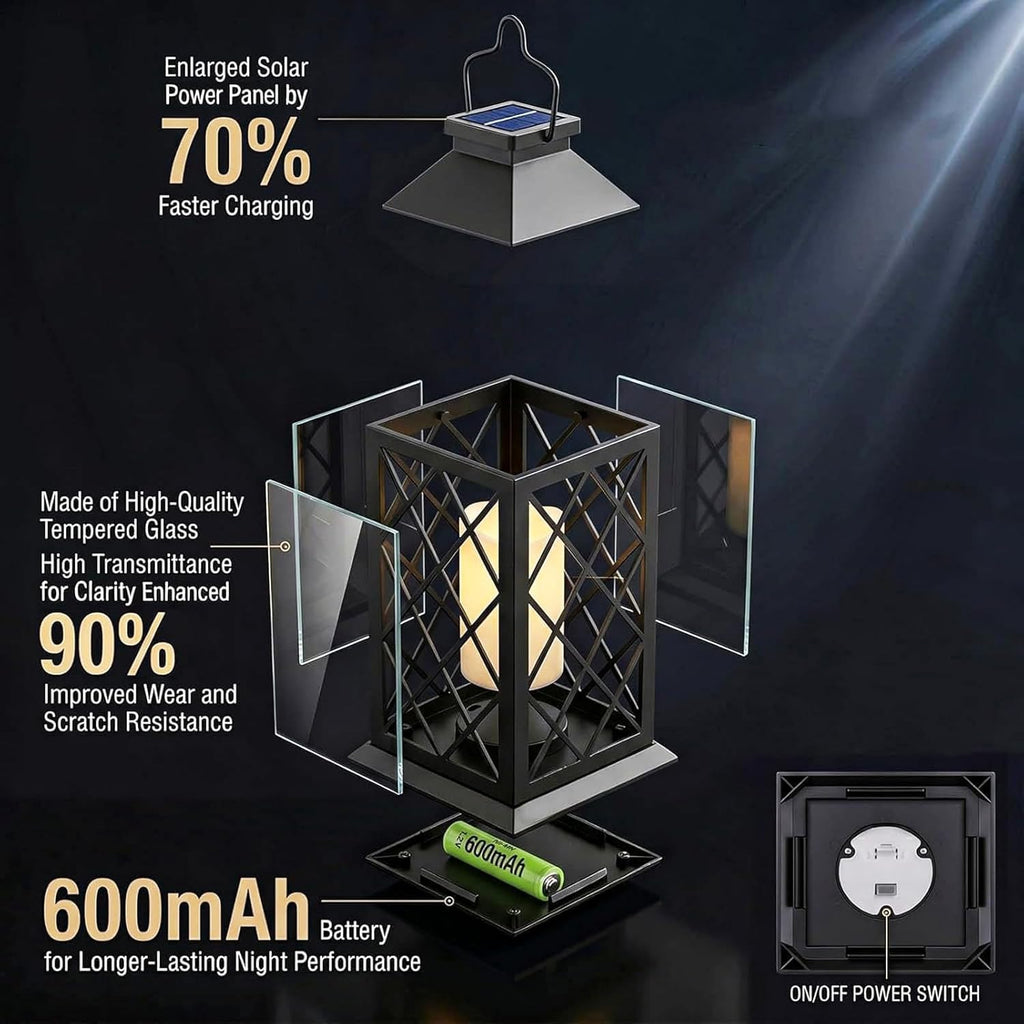 4 Pack Large Tempered Glass Solar Lanterns Outdoor Waterproof
