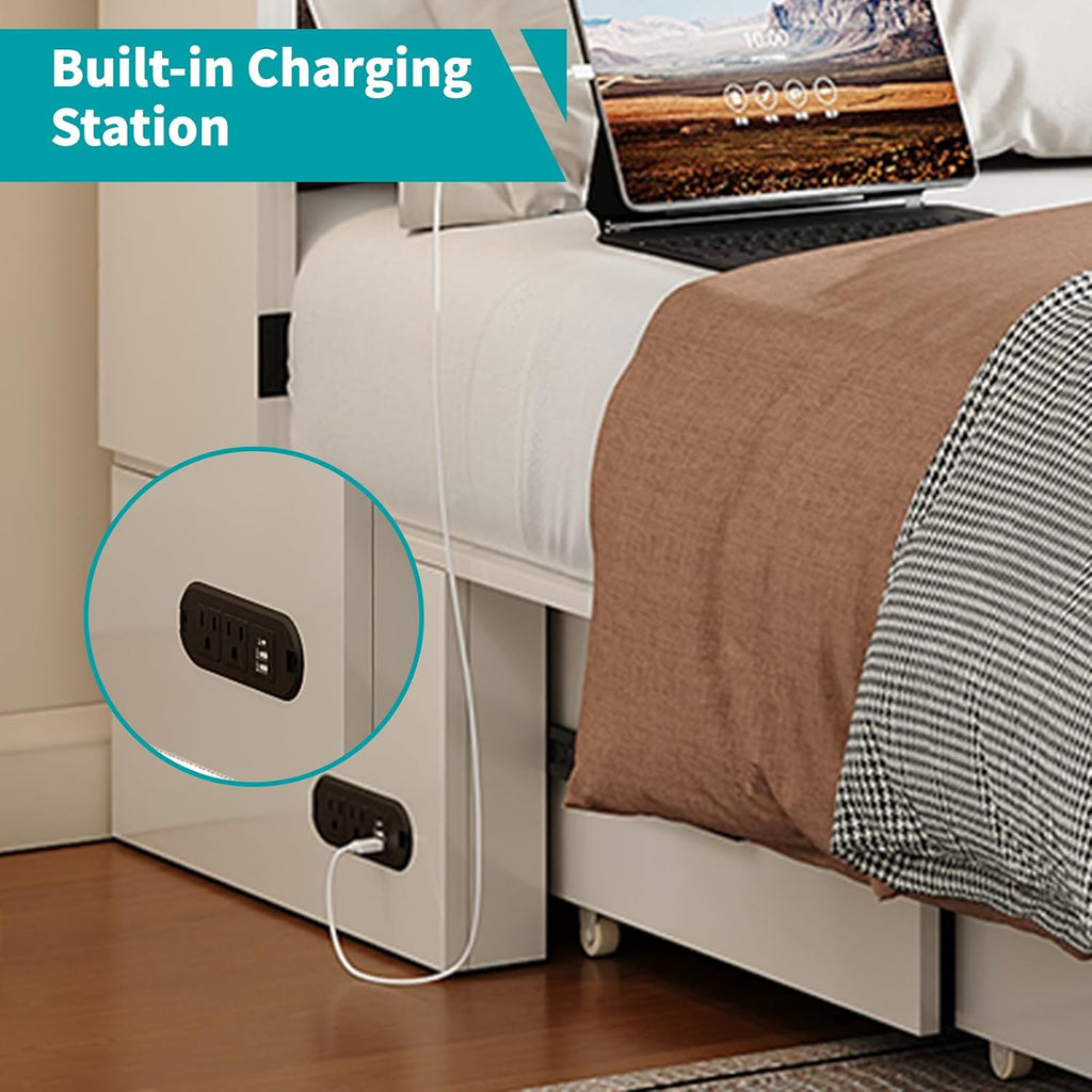 63.4" W Murphy Bed with Tri-Folding Mattress, Queen Murphy Bed with Built-in Charging Station, Queen Murphy Cabinet