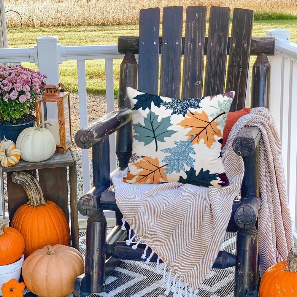 Fall Pillow Covers 20x20 Set of 2, Blue Maple Leaves Outdoor Thanksgiving