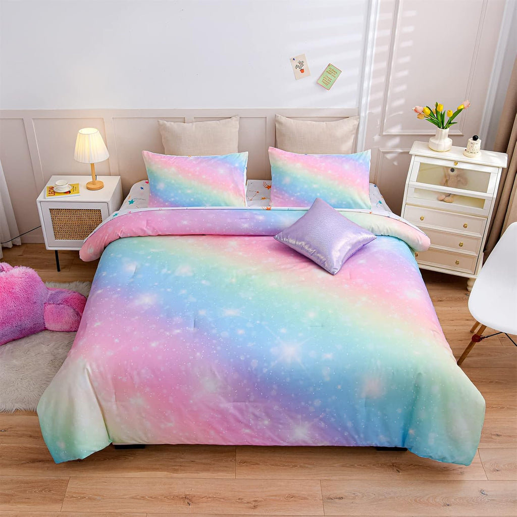 6Pcs Gradient Glitter Bedding Set for Girls Full, Colorful Rainbow Galaxy Comforter Set, Ultra Soft Bedding Sets, Pink