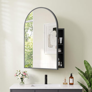 Arched Recessed Medicine Cabinet with Mirror, Bathroom Mirror Storage, Black