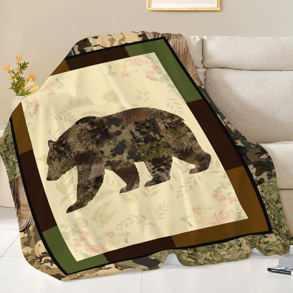 Bear Blanket Camo Cabin Throw Gifts Decor for Dad Boys Men 80"x60"