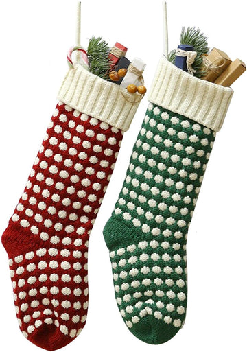 S ,18" Unique Burgundy and Green Knit Christmas Stockings Dots Style (Length 18",Pack 2) - Set of 2