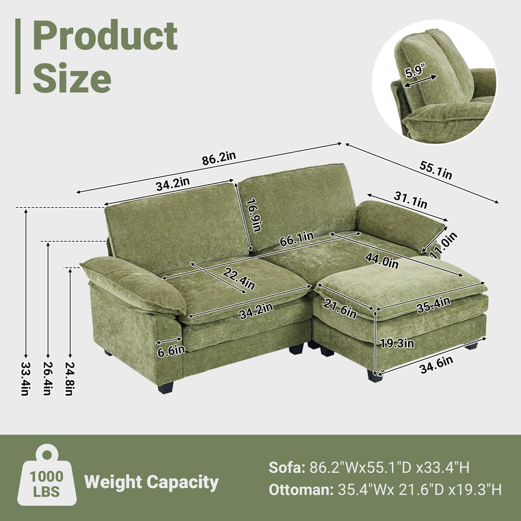 87" Convertible Sectional Sofa, L-Shaped Deep Seat Sofa Couch, Modern 2-Seat Loveseat Sofa with Ottoman for Small