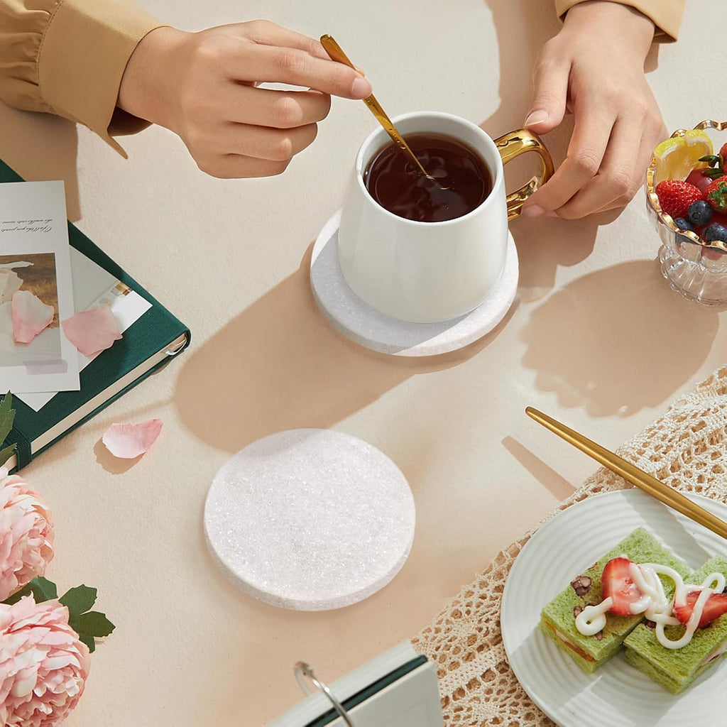 White Marble Coasters with Bling Particles - Set of 4