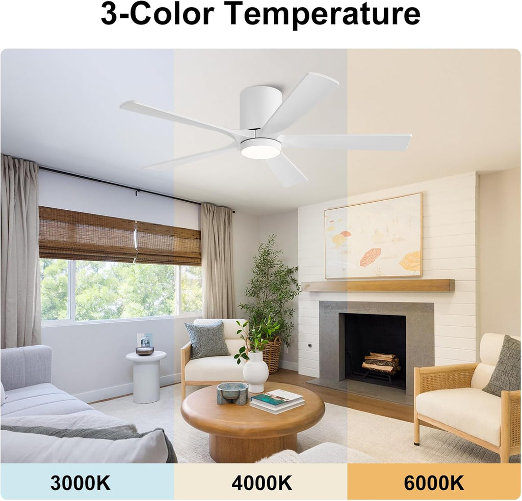 52 Inch Flush Mount Ceiling Fan with Lights, Low Profile Modern Ceiling Fan with Remote, Quiet DC Motor, 6-Speed