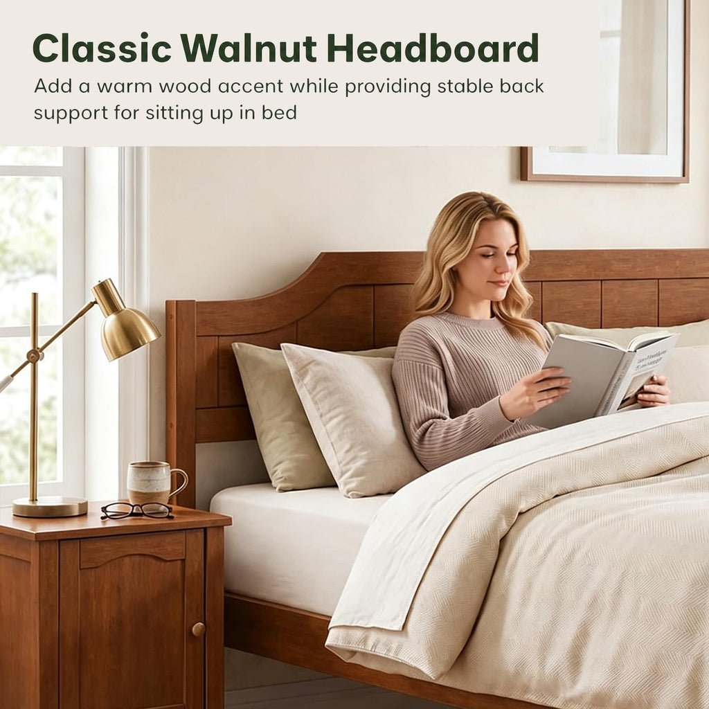 King Size Bed Frame with Headboard, Wood Platform Bed (Walnut)