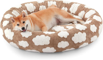 Jacquard Donut Round Dog Beds Medium Sized Dog, Brown 30x30x8in, Removable Washable Cover, Cute Pattern, Ultra Soft