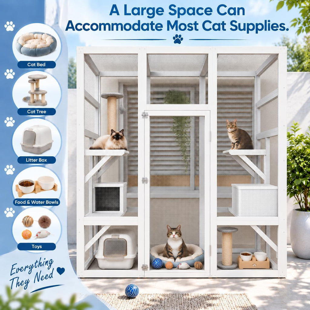 70" Large Catio Indoor Cat Enclosure, Wooden Patio Cat House, White