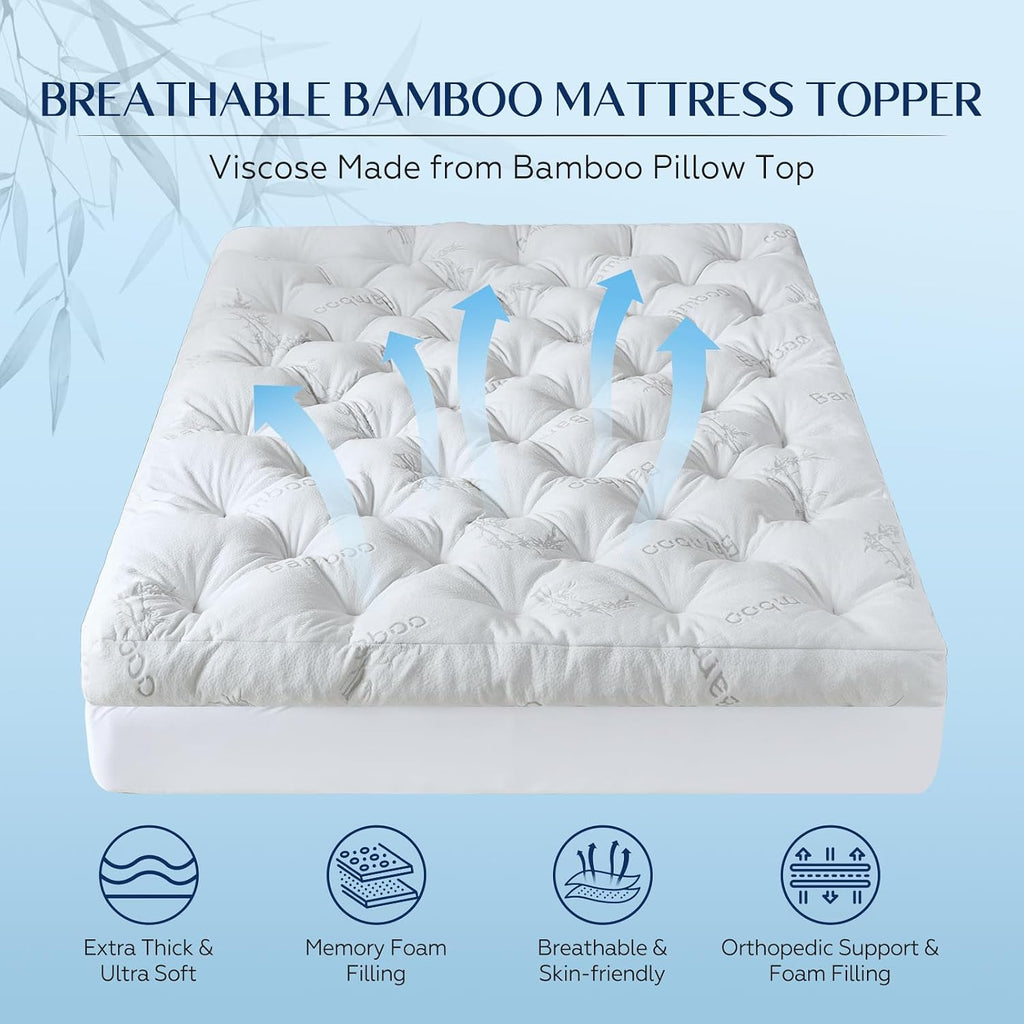 5 Inch Cooling Bamboo Viscose Mattress Topper Queen Size,60x80 in,2000 GSM | Queen Bamboo Mattress Pad Cover,Gel