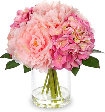 Pink Hydrangea Peonies Artificial Flowers Real Touch Fake Flowers Arrangements in Vase with Faux Water Peony