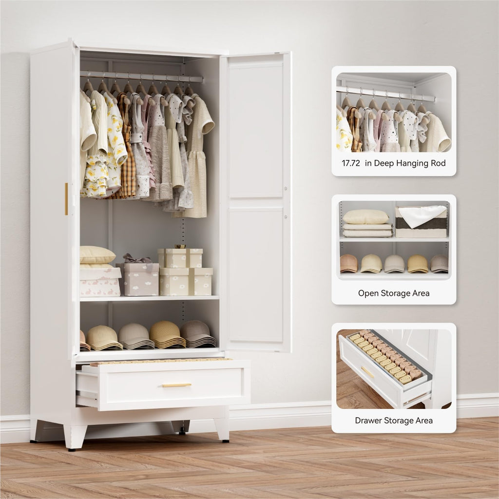 Metal Armoire Wardrobe Closet with Drawer, 71'' Tall Farmhouse Bedroom Armoires with Doors and Hanging Rod