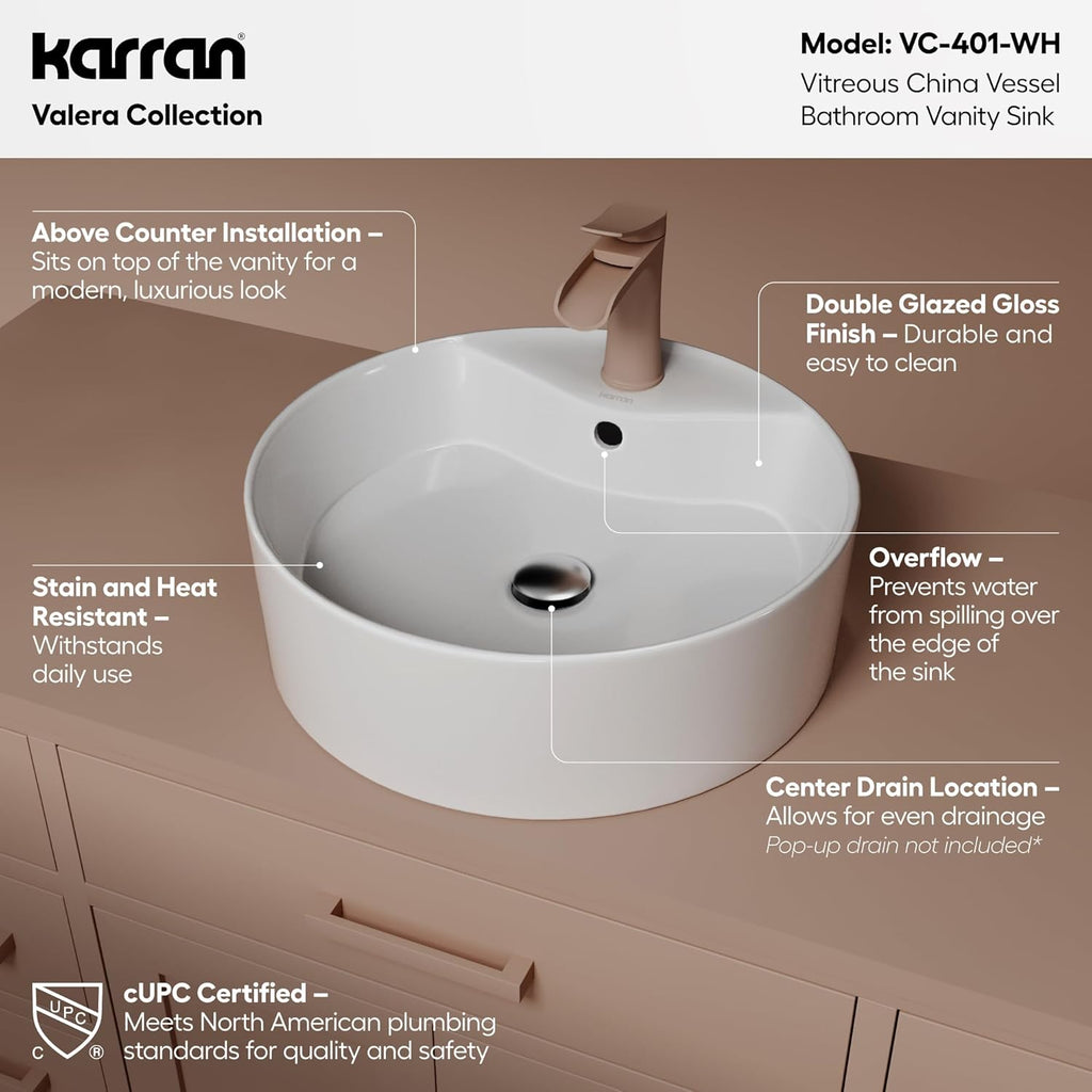 Karran Valera 18 Inch Round Vessel Bathroom Sink, Vitreous China Above Counter Vanity Sink with Overflow