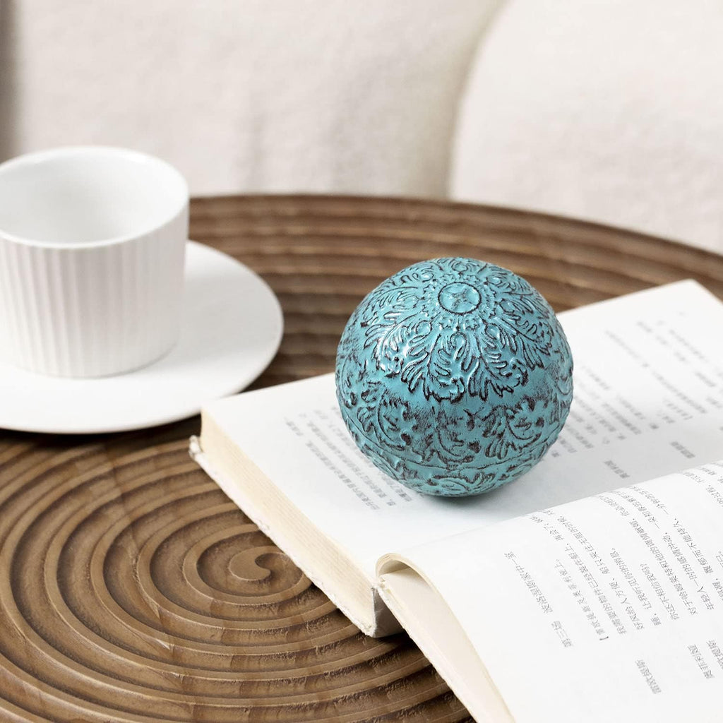 Decor for Table Iron Decorative Sphere Orbs Decorative Balls 3.35 Inches Blue Turquoise Flower Metal Hollow Damask