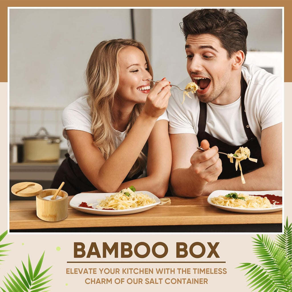 6oz Bamboo Salt Cellar Salt Container with Magnetic Swivel Lid & Spoon Bamboo Storage Box Bowl Elegant Kitchen - Set of 6
