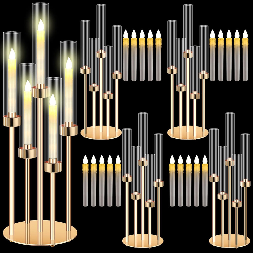 4 Set Gold Candelabra Centerpieces for Tables, 26.8 Inch 5 Arm Candle Holders with LED Candles and Acrylic Cylinders