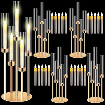 4 Set Gold Candelabra Centerpieces for Tables, 26.8 Inch 5 Arm Candle Holders with LED Candles and Acrylic Cylinders