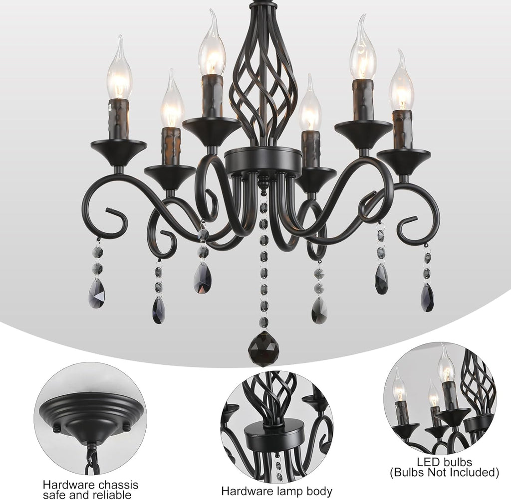 6-Light Farmhouse Black Crystal Candle Chandelier for Living Room, Rustic Industrial Pendant Ceiling Light Fixture, Vintage Hanging Lamp for Bedroom Hallway Kitchen Dining Room Foyer A109-B0DSB3NVVC
