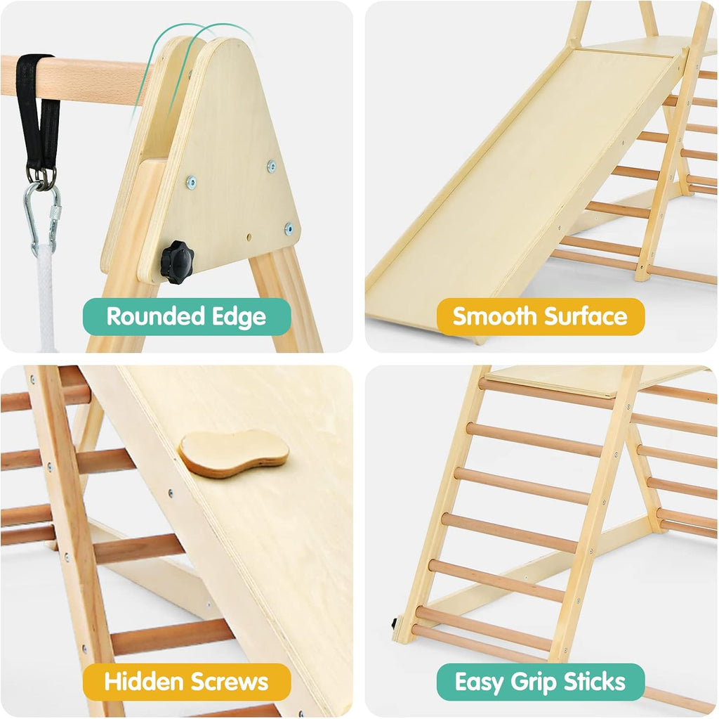 Indoor Jungle Gym 4 in 1 Foldable Toddler Wooden Montessori Baby Climbing Toys with Swing Slide Ramp Ladder for Kids