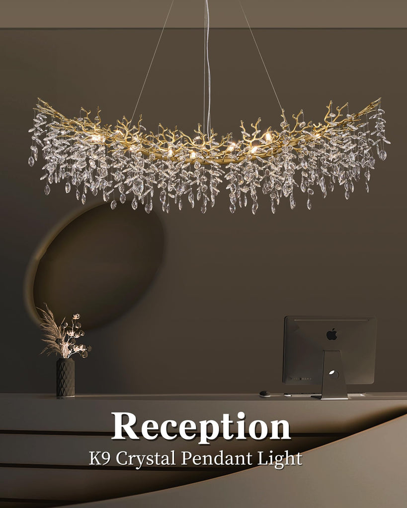 Modern Crystal Chandelier, 16-Light 55.12" Gold Tree Branch Chandeliers, Luxury K9 Crystal Rectangular Chandeliers
