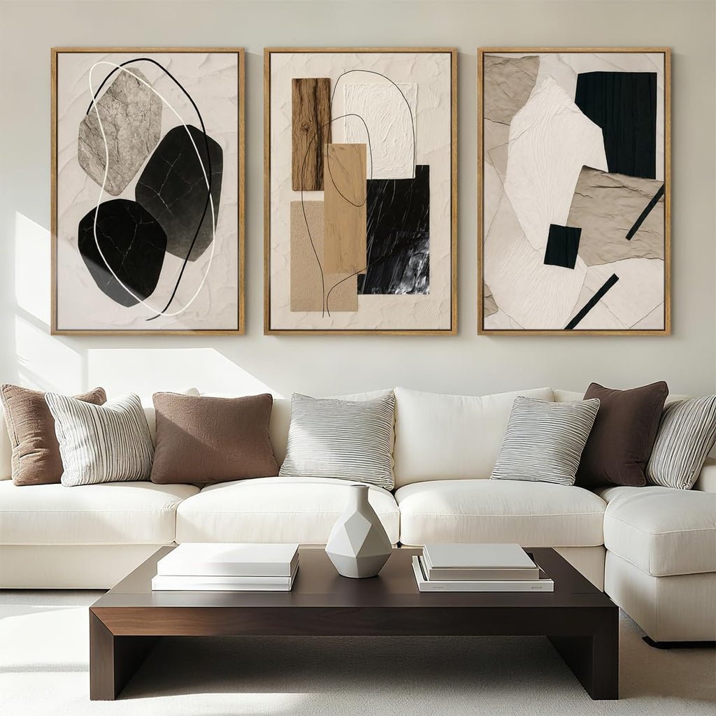 Large Abstract Paintings Framed Neutral Canvas Prints Mid Century Modern Wall Art Bedroom Bathroom 36x24 Inch 3 Piece