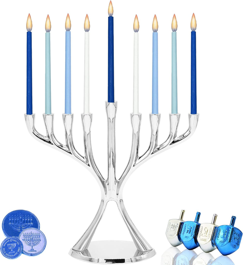 Silver Contemporary Hanukkah , Full-Size 9" Inch Polished, Non-tarnishing, Holds Most Hanukkah Candles