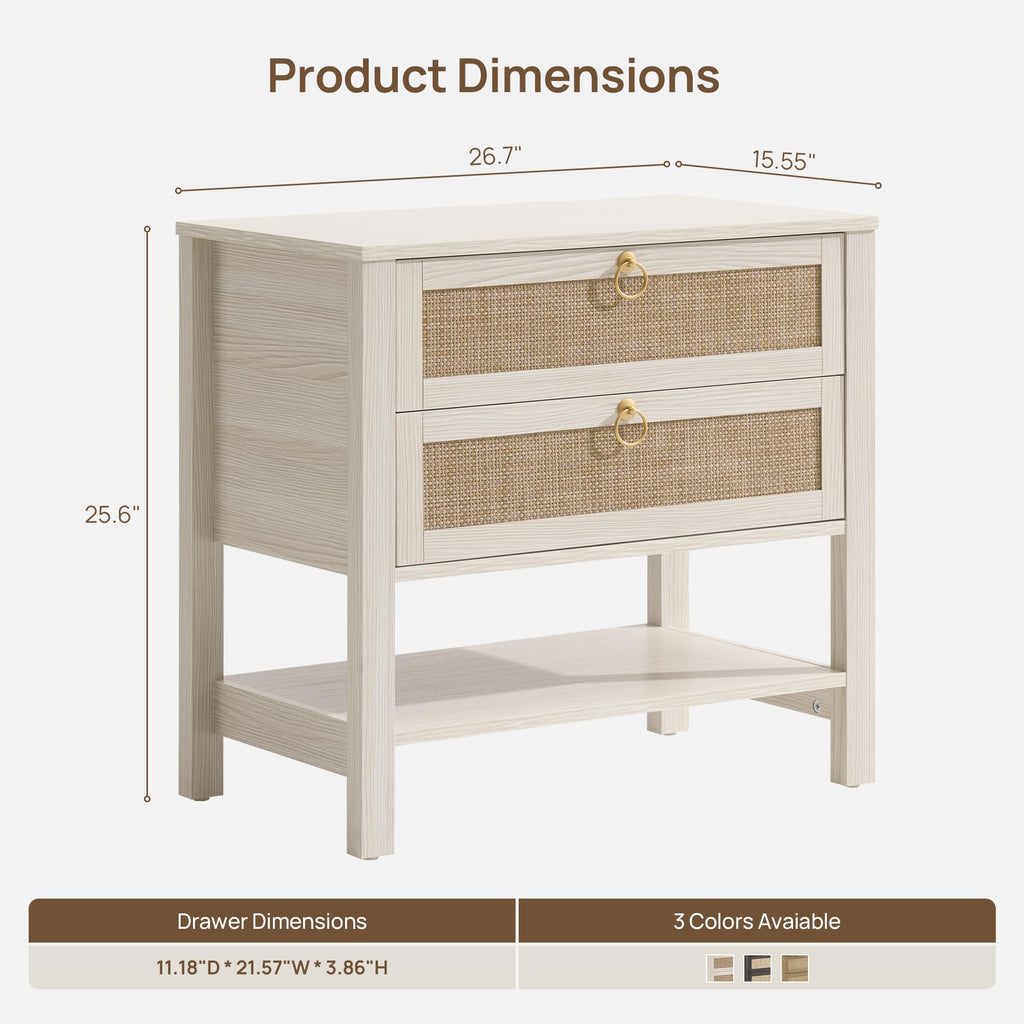 White Rattan Nightstand Set of 2, Wide Bedside Table with 2 Drawers
