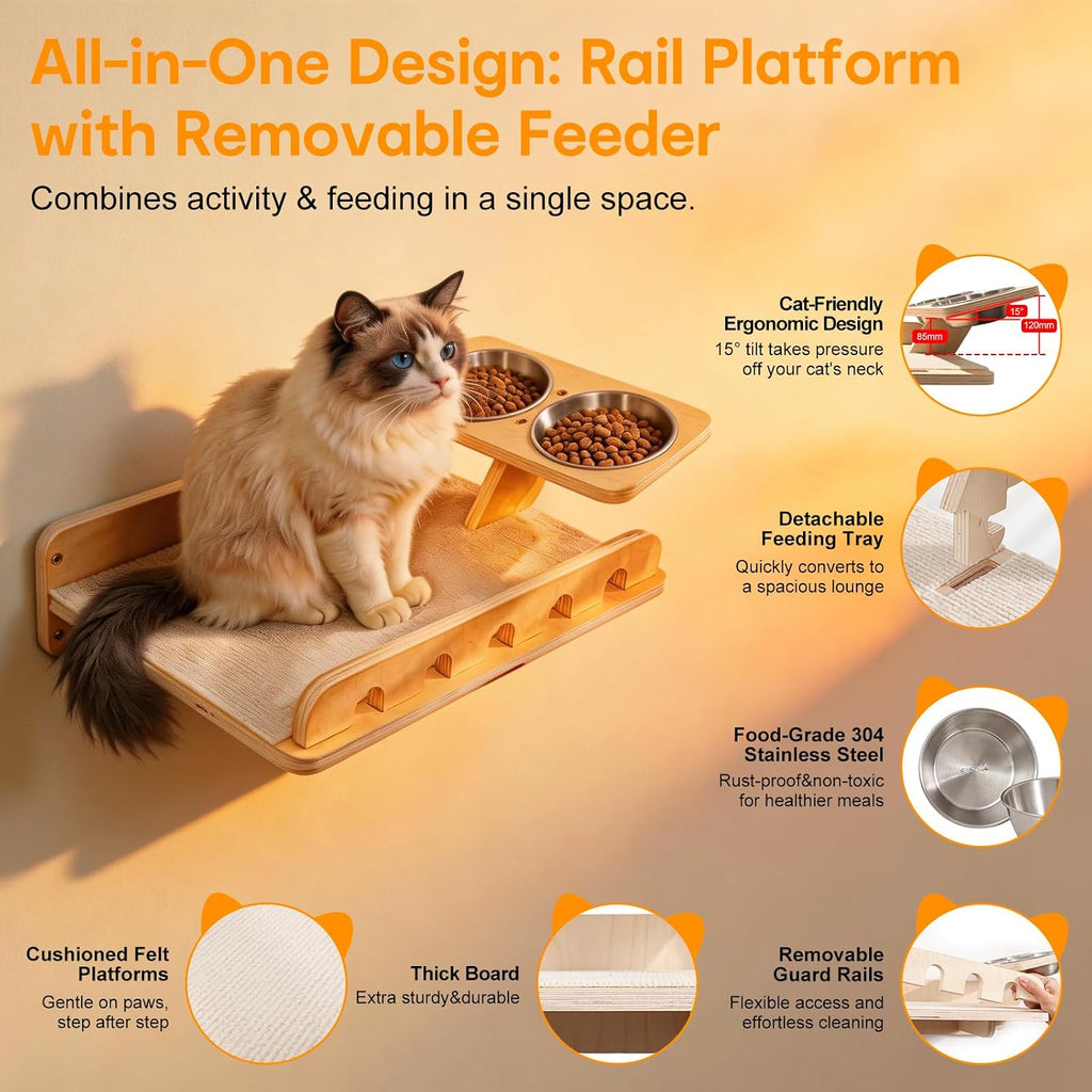 8-in-1 Cat Wall Shelves for Large Cats, Wall Mounted Cat Furniture with Feeding Station&Extra Wide Hammock, Heavy