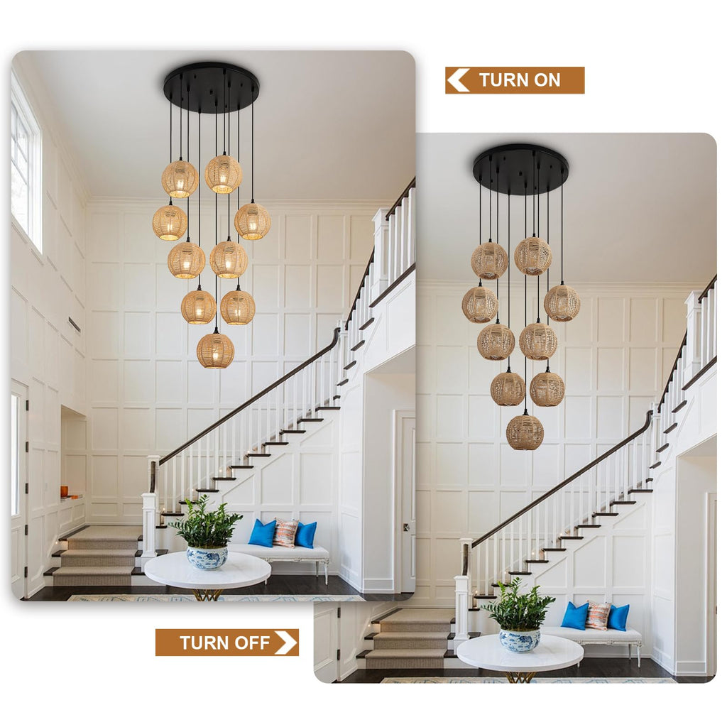 Round 9 Light Boho Pendant Light Rattan Hanging Lamp