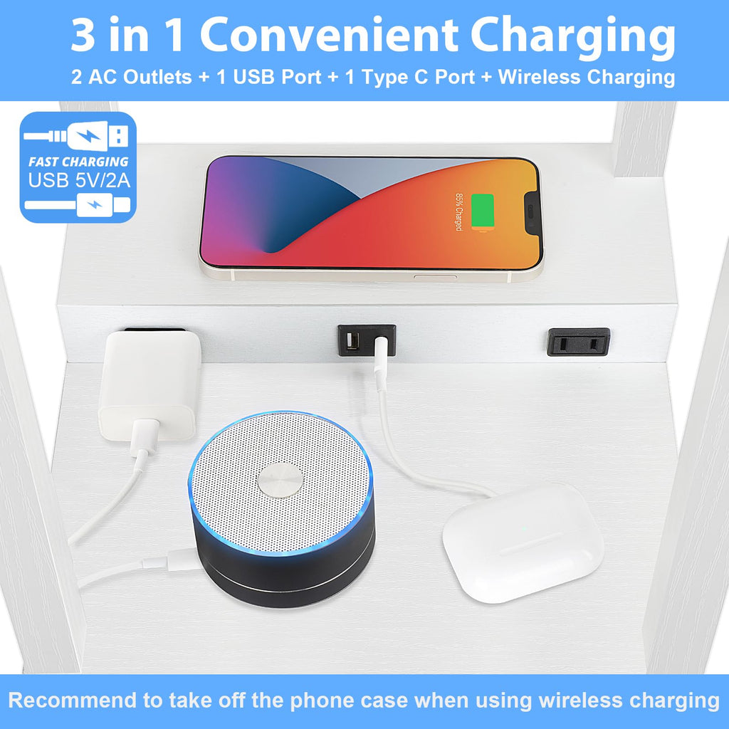 Shelf Floor Lamp with Wireless Charger, USB, Type C, AC Port,White