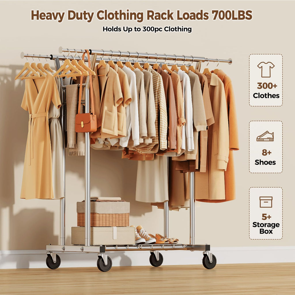 Heavy Duty Clothes Rack, Rolling Clothing Rack for Hanging Clothes with Shelves Load 700LBS, Portable Garment Wardrobe
