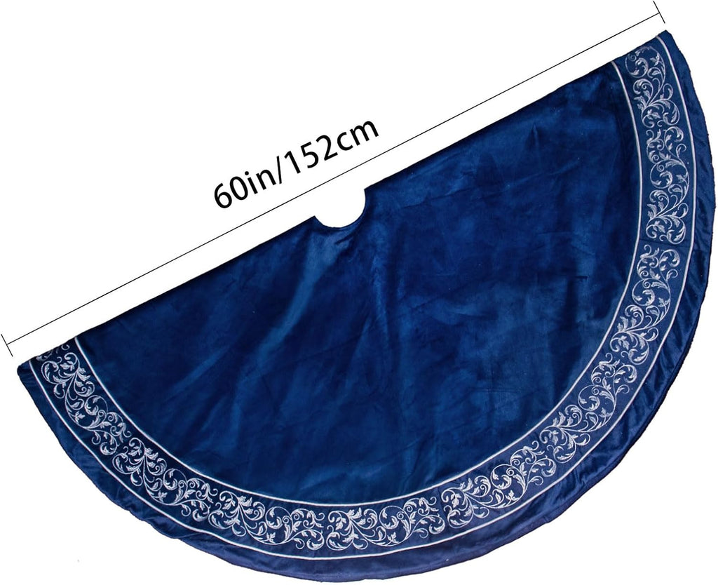 Christmas Tree Skirt 60 inch, Blue Luxury Velvet Plush Faux Fur Extra Large Skirts with Silver Embroidered Vintage