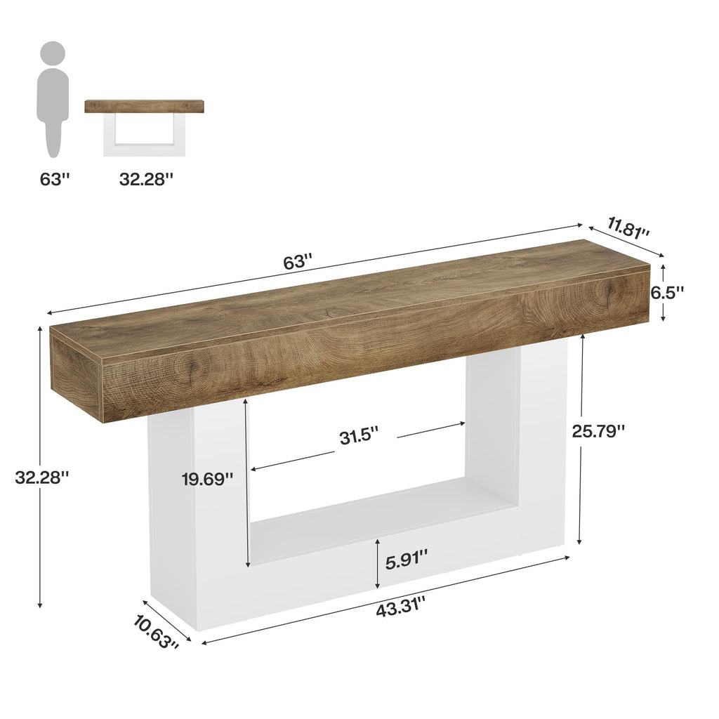 63" Console Table, Farmhouse 2-Tier Entryway Table with U-Shaped Base, Narrow Long Wood Sofa Table Behind Couch Table